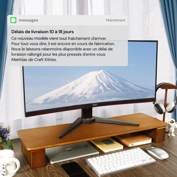 Support écran double bois noyer — 75 cm bureau