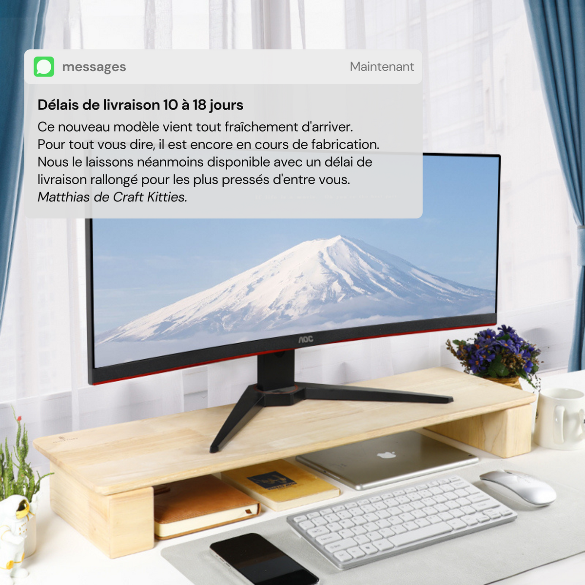 Support écran double bois hévéa — 75 cm bureau