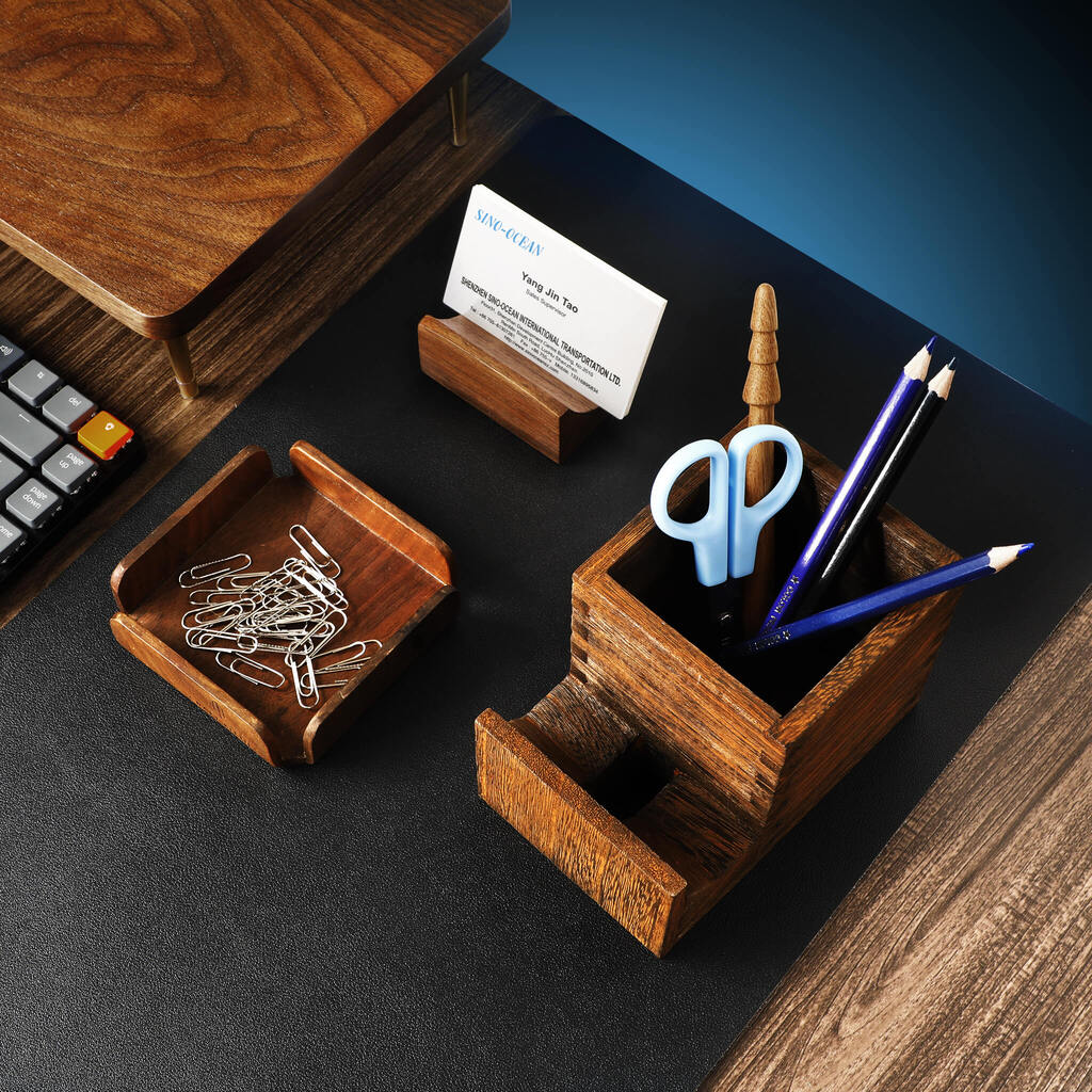 Support téléphone et porte-stylos en bois — organiseur bureau