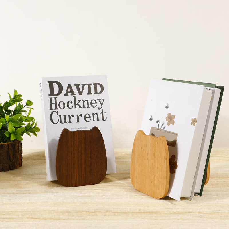Serre-livres chat en hêtre massif — déco bureau bois