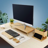 Support écran bois chêne rouge — bureau +8 cm, pieds laiton