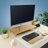 Support écran bois chêne rouge — bureau +8 cm, pieds laiton