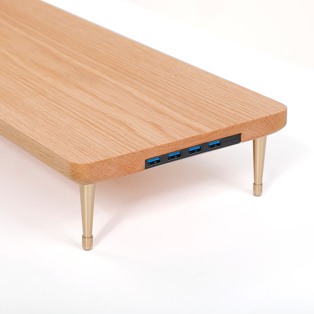 Support écran bois chêne rouge avec ports USB — bureau déco