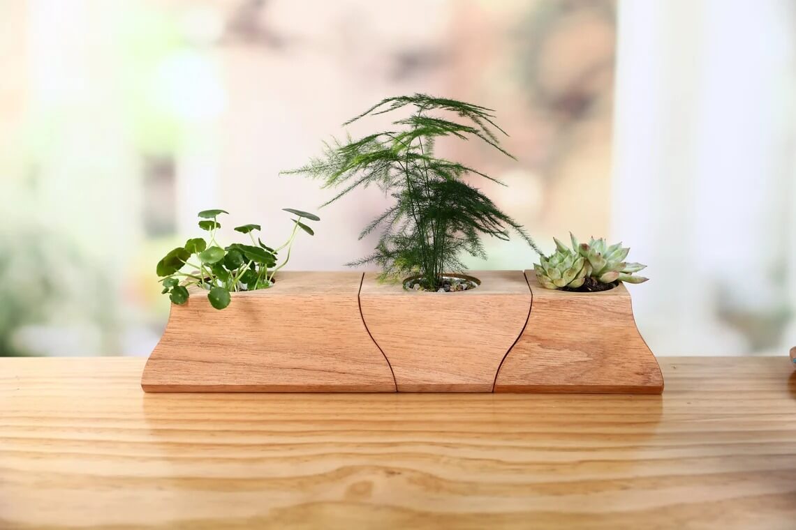 Ensemble 3 pots à plantes en bois avec insert céramique — Bureau & Déco