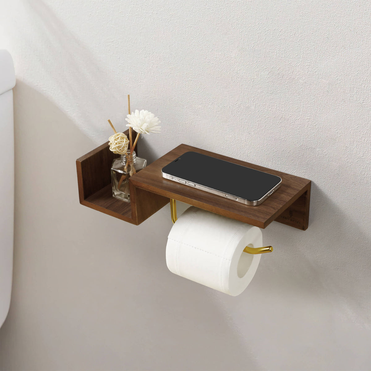 Porte-papier toilette en noyer massif avec étagère