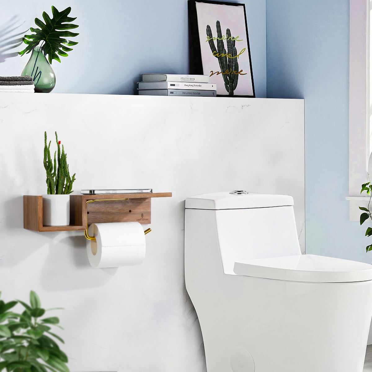 Porte-papier toilette bois chêne rouge avec étagère