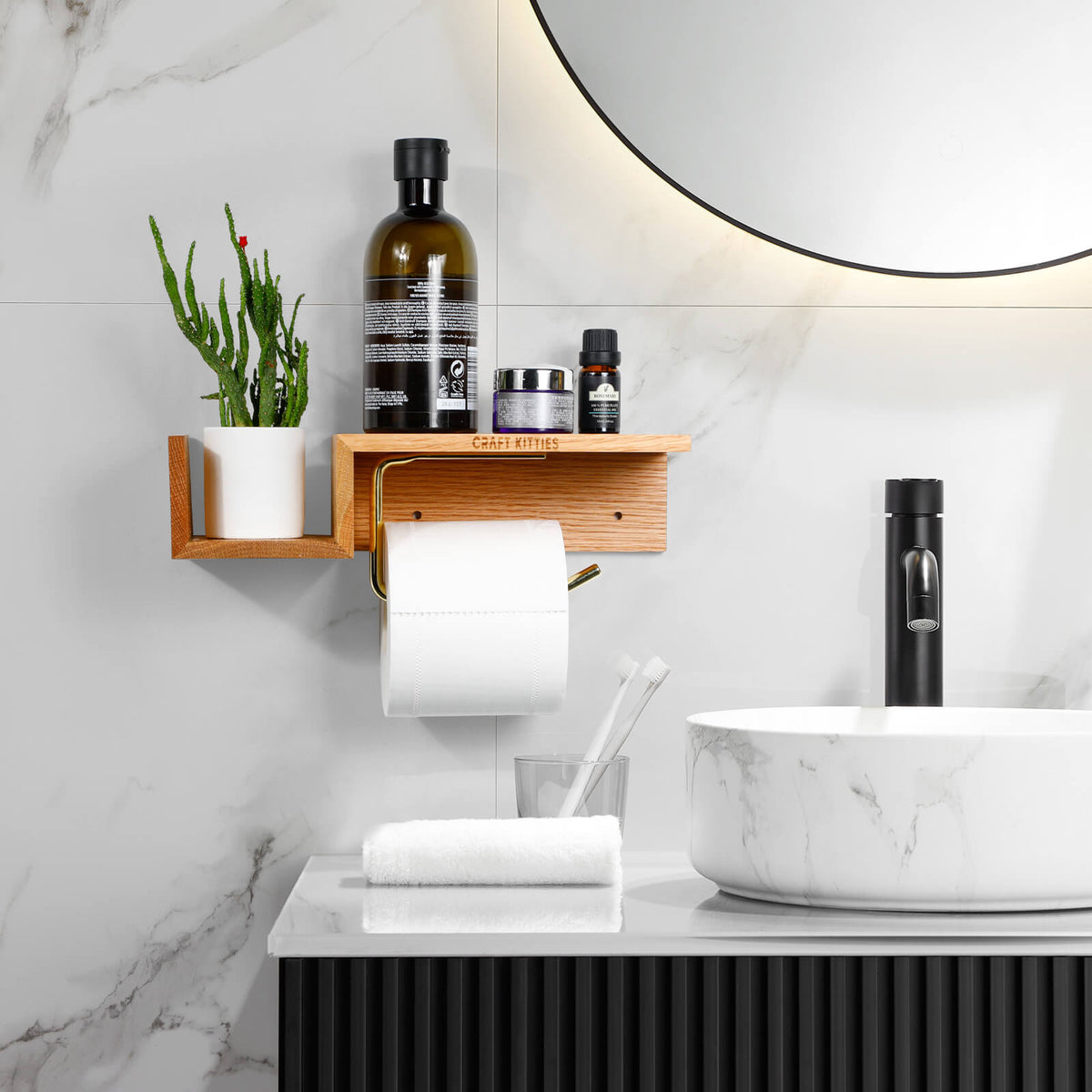 Porte-papier toilette en noyer massif avec étagère