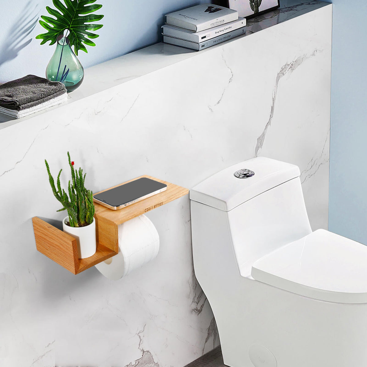 Porte-papier toilette bois chêne rouge avec étagère