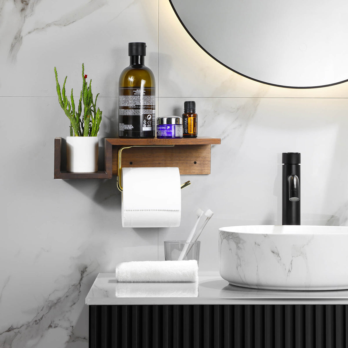Porte-papier toilette en noyer massif avec étagère