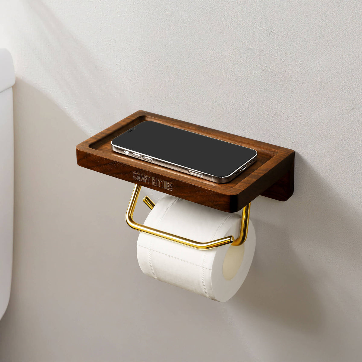 Porte-papier toilette bois noyer — double tube laiton