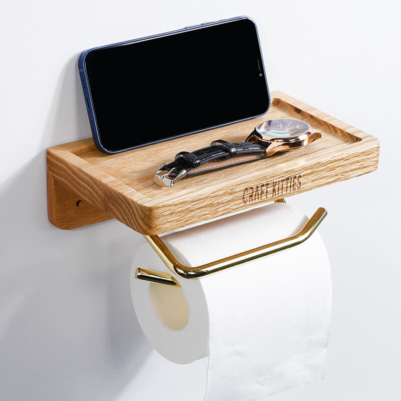 Porte-papier toilette chêne rouge — design moderne avec tablette