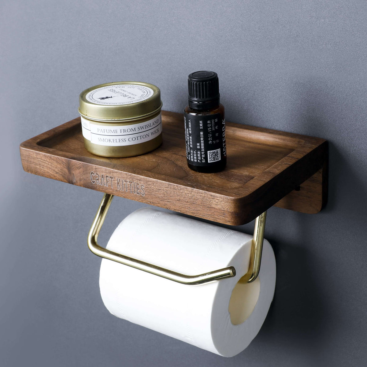 Porte-papier toilette chêne rouge — design moderne avec tablette