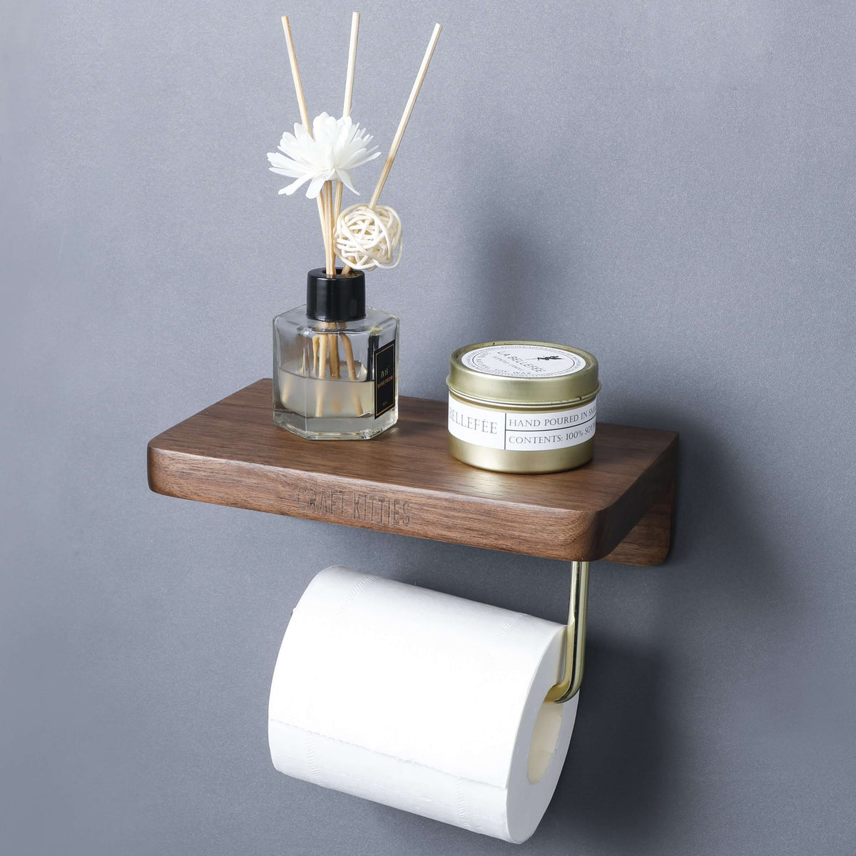 Porte-papier toilette chêne rouge — design moderne avec tablette