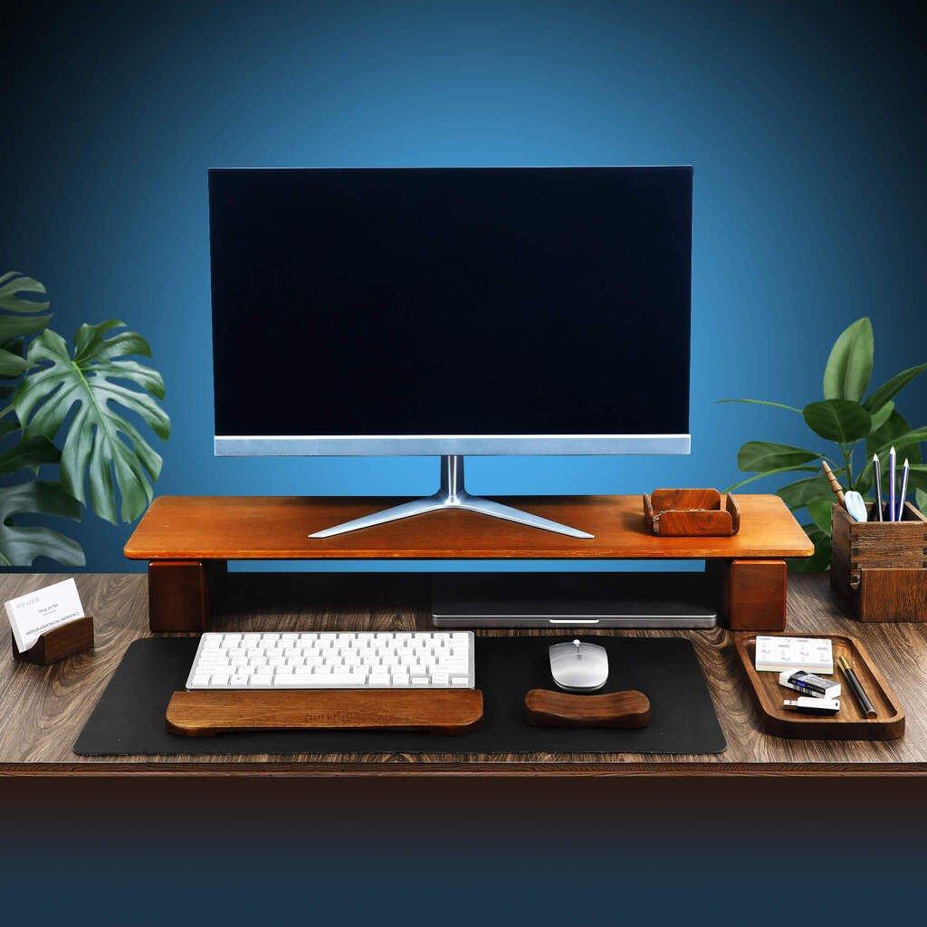 Support double écran en bois noyer — large 75 cm, ergonomique