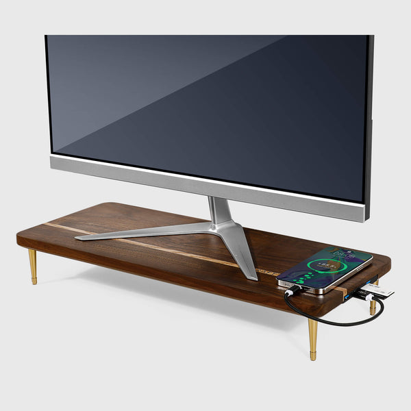Support d'écran en bois de noyer assemblé avec ports USB