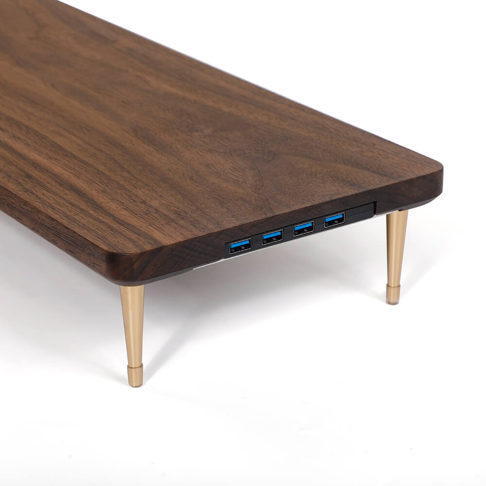 Support d'écran en bois de noyer avec ports USB