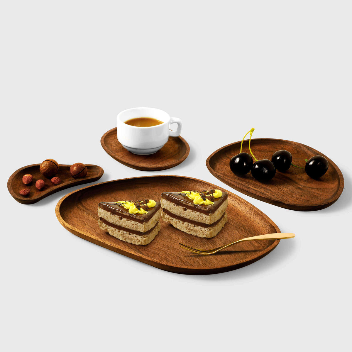Ensemble 4 en 1 de plateaux à dessert/café en noyer