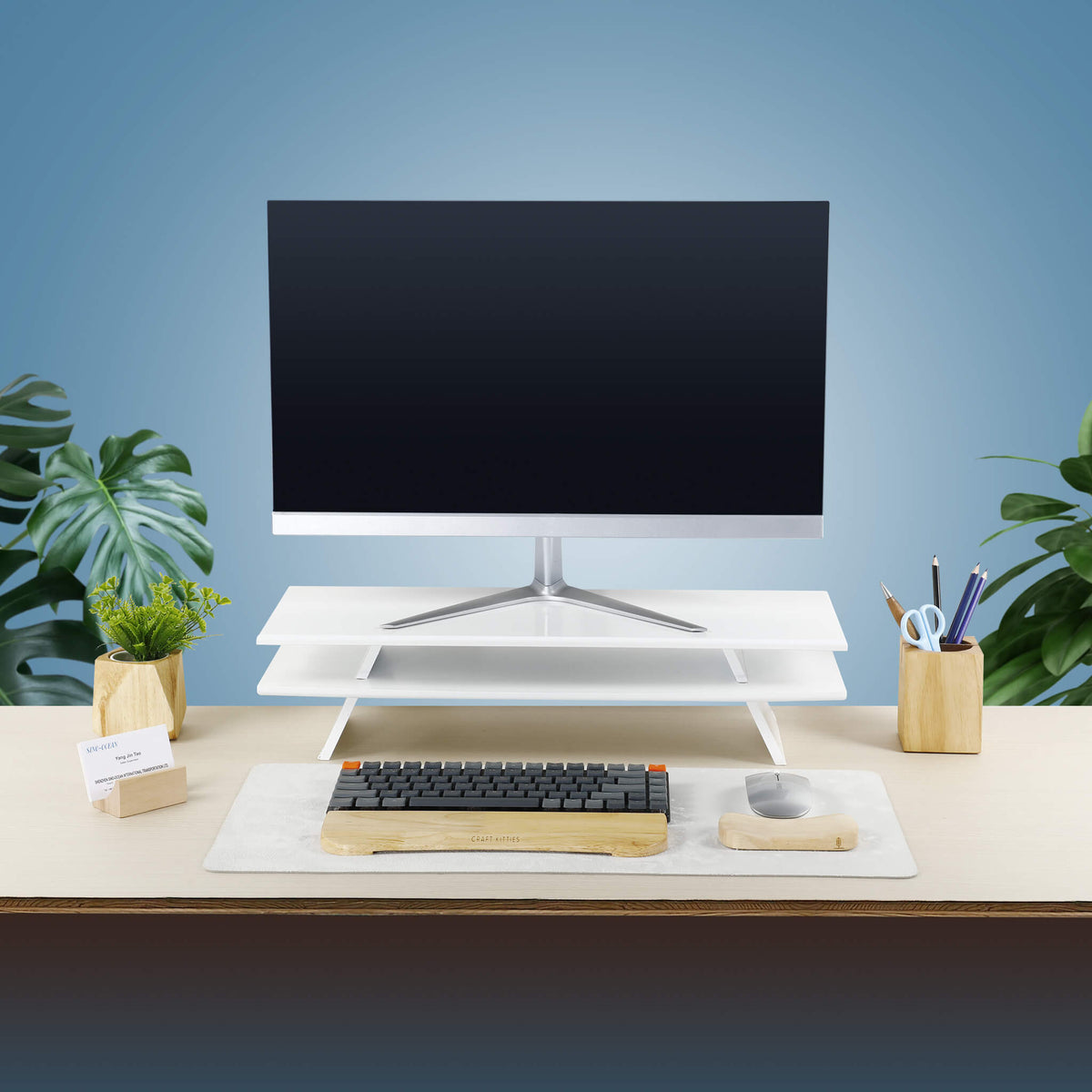 Support écran bois massif Airfoil blanc — bureau design