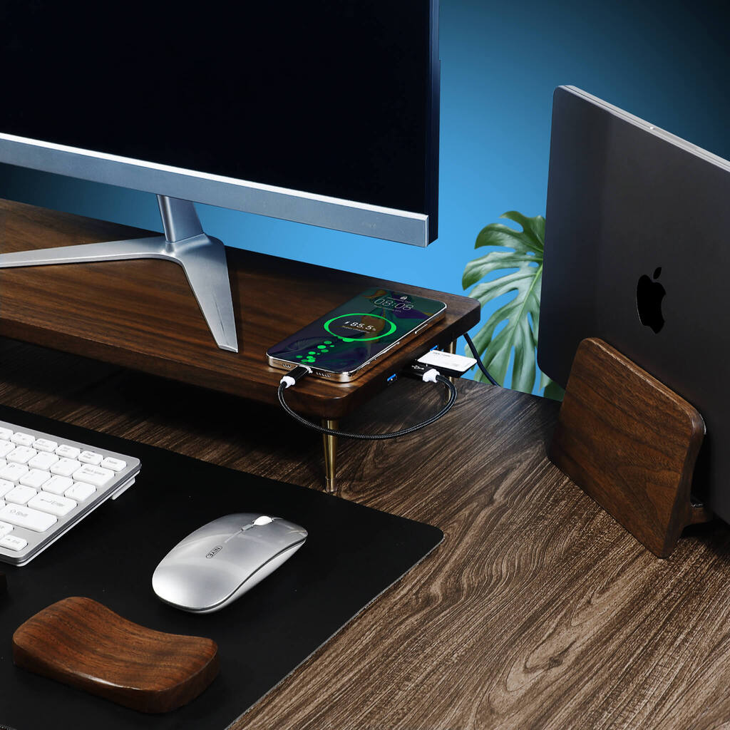 Support écran bois chêne rouge avec ports USB — bureau déco