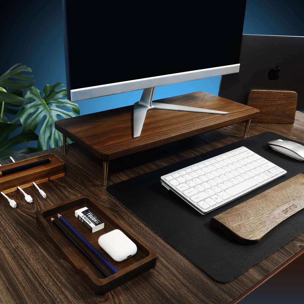 Support d'écran en bois de noyer avec ports USB