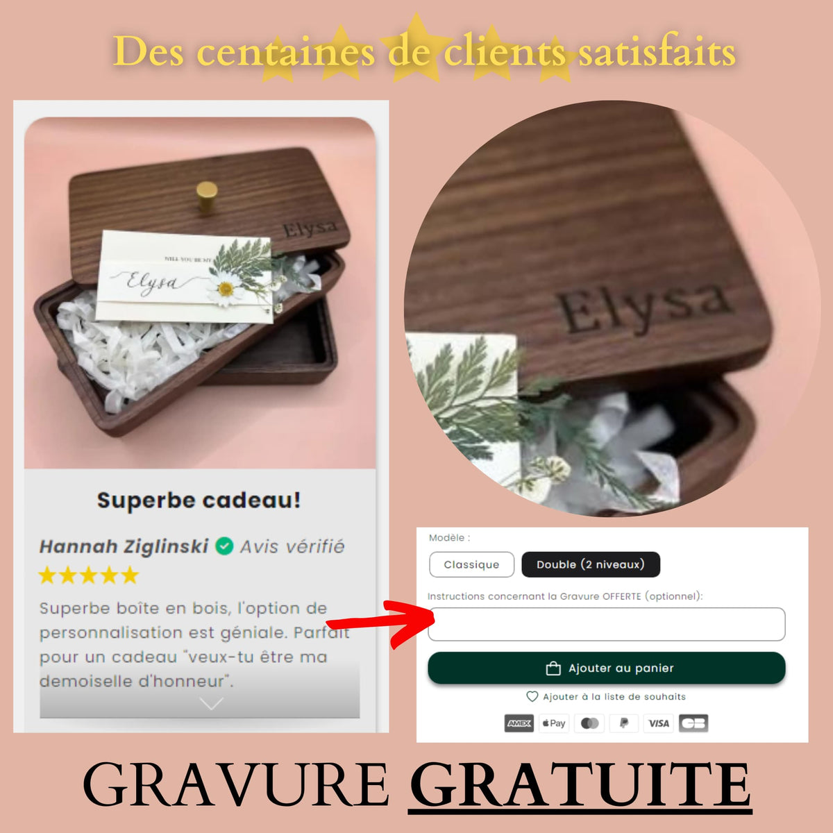 Boîte en bois double étage avec gravure personnalisée