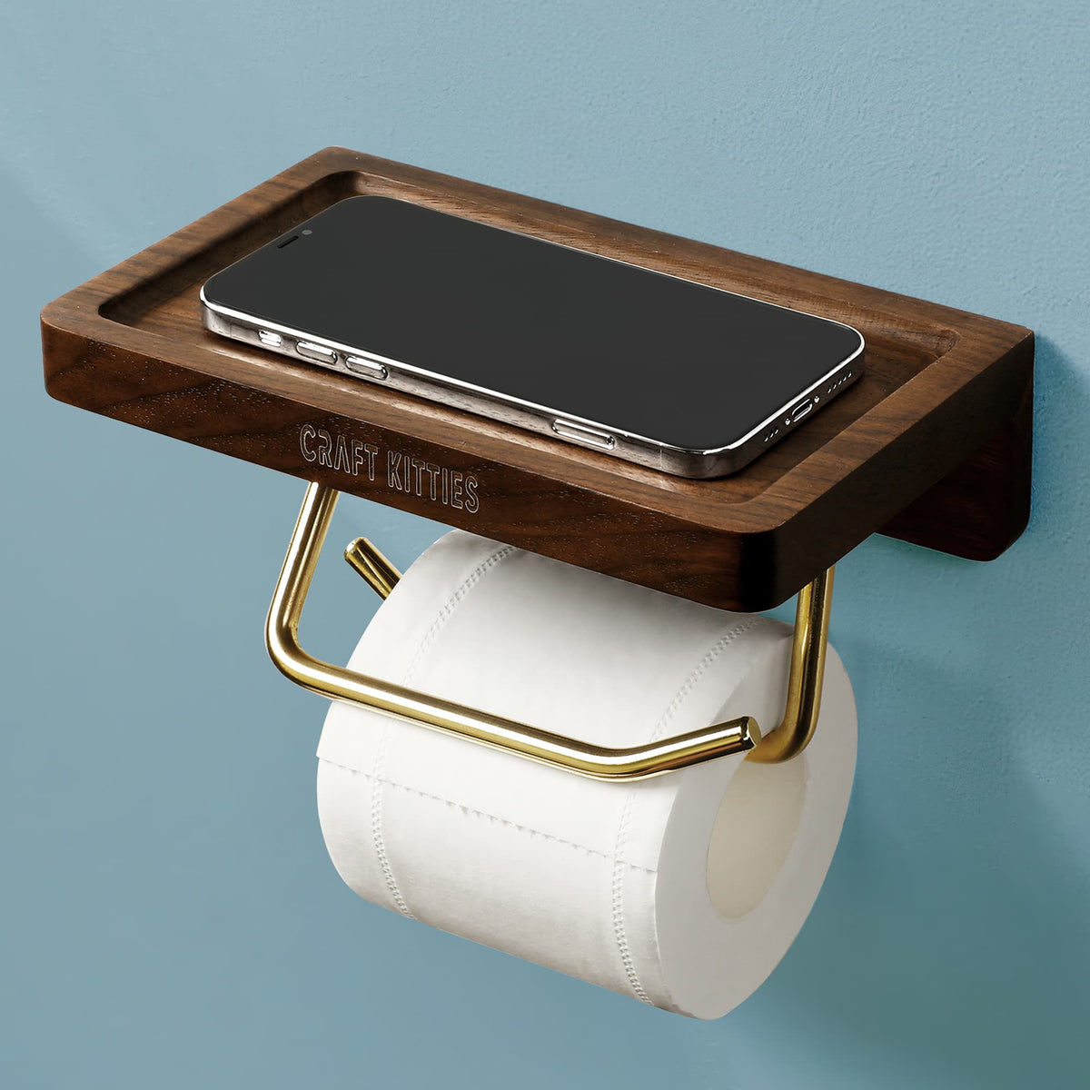 Dérouleur papier toilette bois massif noyer avec plateau — FANGO
