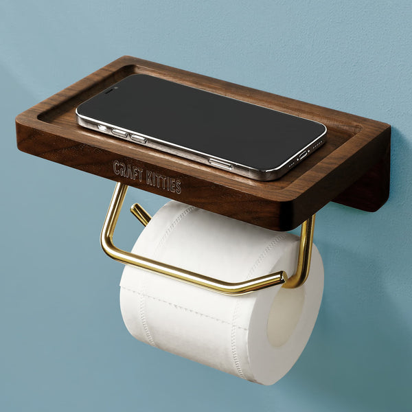 Dérouleur papier toilette bois massif noyer avec plateau — FANGO