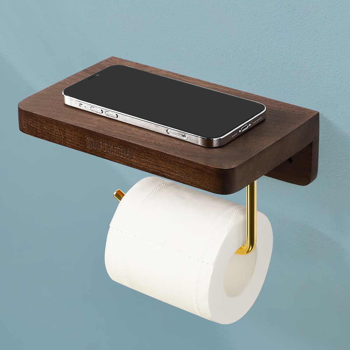 Dérouleur papier toilette noyer massif avec plateau — LUCIO