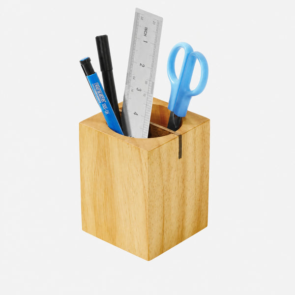 Pot à crayons en bois massif — design géométrique