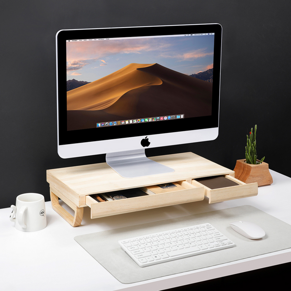 MODIDSTU Grand support pour double écran, étagère de bureau en bois massif  avec pieds en liège écologique pour ordinateur portable, support de